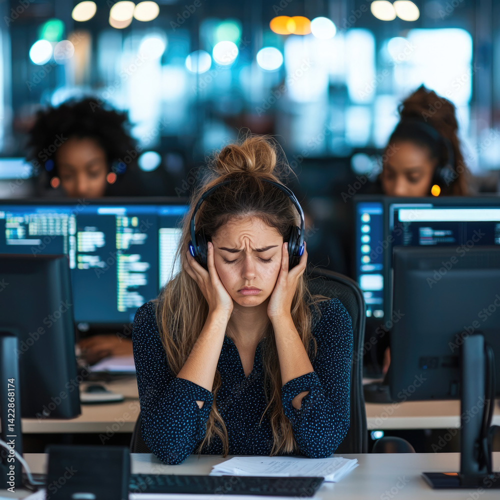 Fototapete female call center agent feeling stressed and overwhelmed while working at desk with computers. atmo