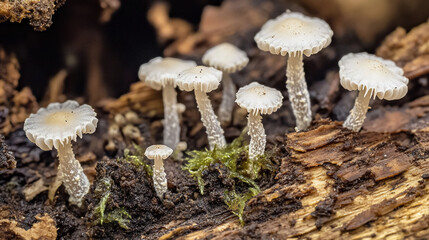 Delicate mushrooms on decaying wood