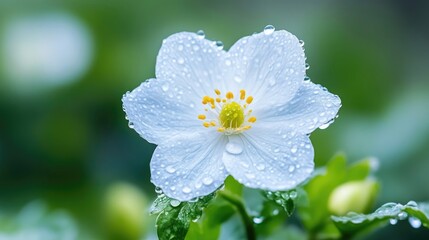 Close-up of a delicate, white flower covered in water droplets
