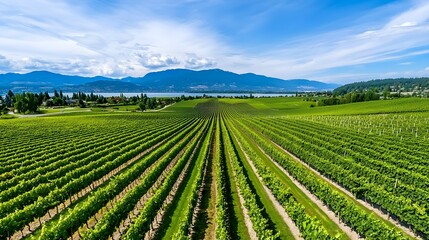 Lush Vineyard Landscape Under Blue Sky and Mountains in Summer