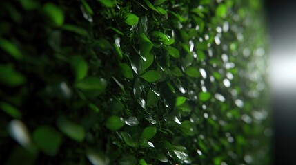 Lush green foliage wall, close-up view