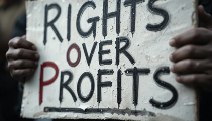 Close-up of a worker’s calloused hands gripping a protest sign with text 'Rights Over Profits', sweat and dirt visible, shallow depth of field.