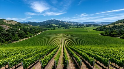 Lush Green Vineyard Landscape Under Clear Blue Sky in Daylight