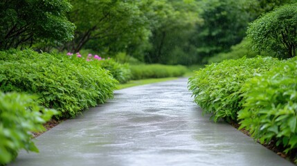 Wet Stone Path Lush Greenery Serene Natural Style High-Definition Soft Lighting Perspective View Rain-Kissed Texture Peaceful Stroll Lush Garden Cool Green Tones Landscape Design Inspiration