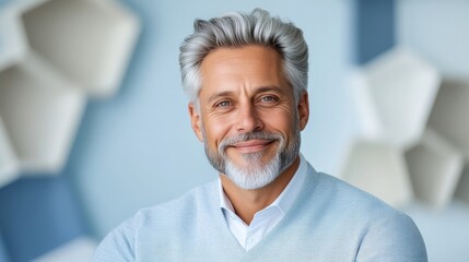 Mature Man Gray Hair Soft Light, High-Resolution Portrait, Subtle Smile, Abstract Shelf Background, Calm Serene Mood, Ideal for Corporate Branding