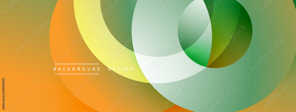 Poster Abstract design features overlapping translucent circles. Colors include orange, yellow, green, white. Minimalist aesthetic creates modern visual impact. Smooth gradients enhance depth.