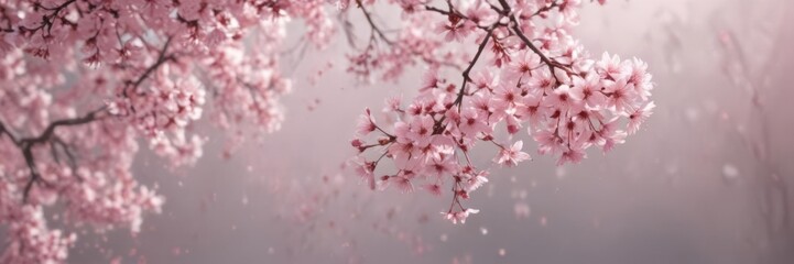 Fototapeta premium Delicate pink sakura petals drift on gentle breeze, soft focus background , cherry, flower petals, gentle