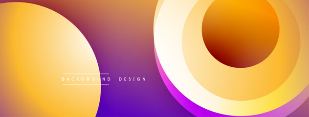 Abstract gradient circles overlap, creating dynamic visual effect. Warm orange, yellow, purple hues blend smoothly. Modern background design element.