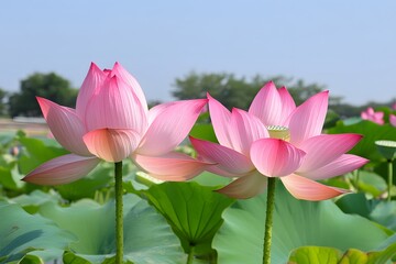 Stunning Pink Lotus Flowers Blooming in Pond
