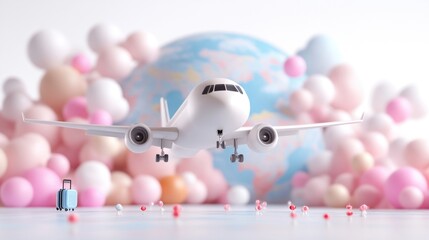 A stylized plane takes off over a pastel-colored world.  A miniature suitcase sits in the foreground