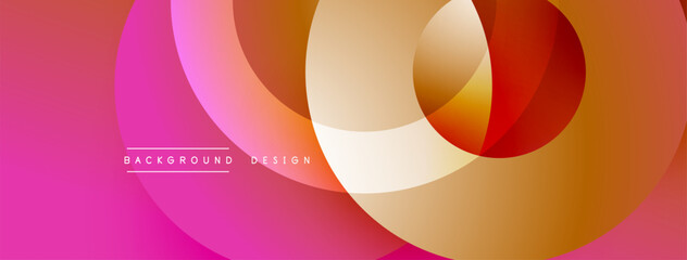 Obraz premium Abstract design features overlapping circles. Colors transition from pinks, oranges, yellows creating dynamic visual effect. Modern, minimalist aesthetic suitable for backgrounds.