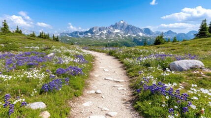 Hiking trail through wildflowers and mountains.  Scenic vista of a well-maintained path winding through a vibrant meadow of wildflowers.