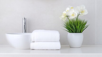 Clean, modern bathroom vanity with white towels and orchids