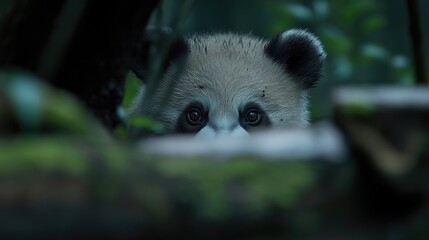 Close-up of a baby panda peeking through foliage
