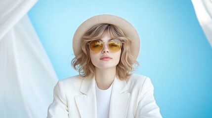 Stylish woman in white blazer, straw hat, and sunglasses