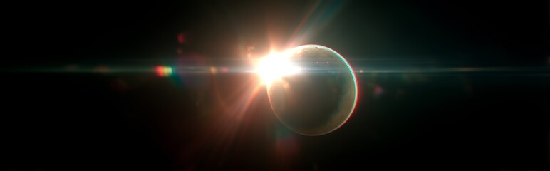Fototapeta premium Vibrant rainbow-colored solar eclipse with crescent moon, bright shining celestial phenomenon against black background, vivid colors and ethereal light.