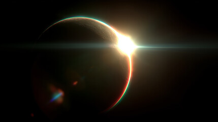 Obraz premium Vibrant rainbow-colored solar eclipse with crescent moon, bright shining celestial phenomenon against black background, vivid colors and ethereal light.