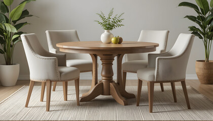 Round wooden table with four upholstered chairs., Sustainable Furniture concept
