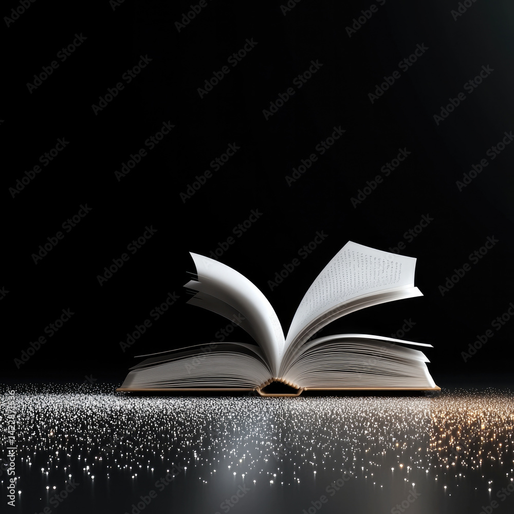 Poster book with open pages is displayed against dark background, surrounded by shimmering array of light particles, creating magical and enchanting atmosphere