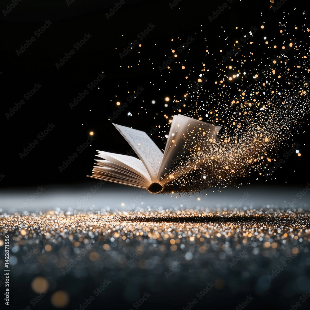 Aufkleber book floating in mid air, surrounded by shimmering particles and dark background, creates magical an