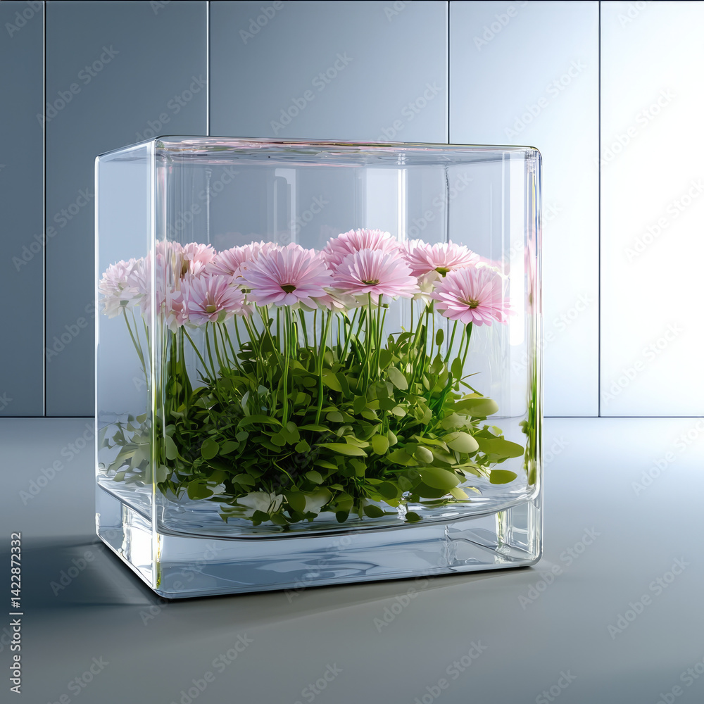 Poster clear glass cube contains vibrant pink flowers and lush green foliage, creating serene and refreshin