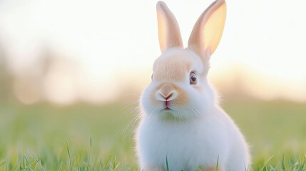 Fototapeta premium Adorable baby rabbit in a grassy field at sunrise