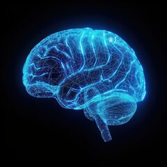 Glowing wireframe of brain blue black background invertebrate.