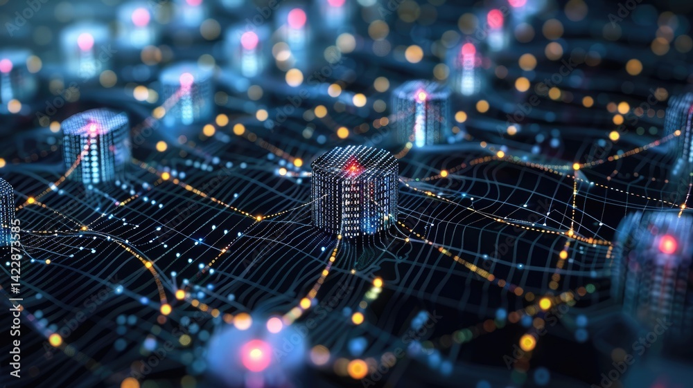 Poster this abstract image showcases a digital network model with interconnected data points. it emphasizes