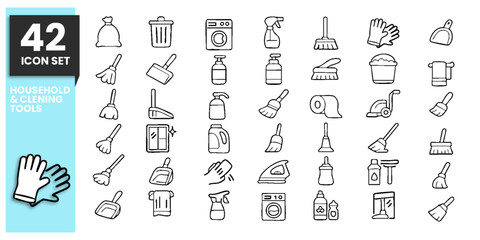 42 Essential Line Icons Household & Cleaning Tools theme