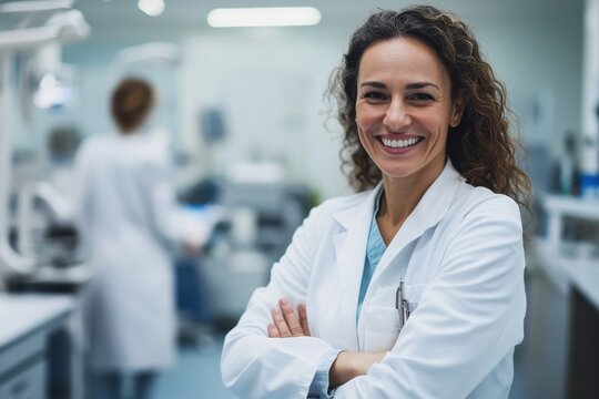 A smiling female scientist in a laboratory setting presents confidence and professionalism. She wears a white coat, embodying dedication to research and healthcare. - Powered by Adobe
