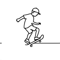 Obraz premium Little boy riding a skateboard performing complex moves in line art style on white background, vector one line outline