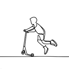 Child riding and jumping on scooter in motion on minimalistic background, vector outline of one line