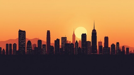 Fototapeta premium New York City skyline at sunset with copy space for text, urban landscape background for marketing campaigns, corporate presentation backdrop, website hero image, modern cityscape silhouette