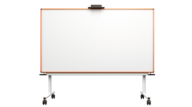 Isolated whiteboard with orange trim on a rolling stand a transparent background