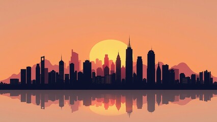Sky-touching city skyline silhouette, single-line skyscraper design, modern urban skyline at sunset, minimalist high-rise buildings art for posters, banners, and architectural backgrounds