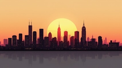 Obraz premium New York City skyline silhouette at sunset with copy space for text, ideal for marketing campaigns, website hero image, or corporate presentation backdrop with urban landscape and vibrant orange