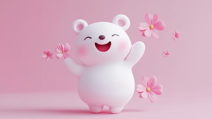 Obraz premium This adorable cartoon bear character radiates joy and playfulness, surrounded by soft pink flowers on a pastel background, perfect for children's designs.