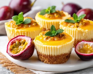 A plate of creamy passion fruit cheesecakes garnished with mint leaves, accompanied by fresh passion fruits and plums.