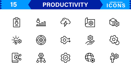 Professional Productivity Icon Set Vector Illustration. The Most Useful Icons for Time Management, Task Tracking, and Workplace Organization.
