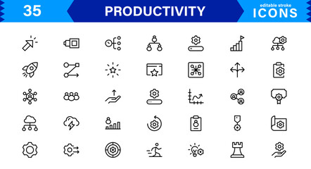 Professional Productivity Icon Set Vector Illustration. The Most Useful Icons for Time Management, Task Tracking, and Workplace Organization.