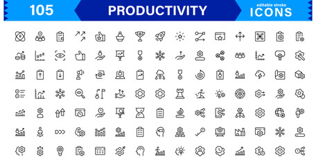 Professional Productivity Icon Set Vector Illustration. The Most Useful Icons for Time Management, Task Tracking, and Workplace Organization.