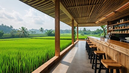 Fototapeta premium a modern, open-air café with a rustic and natural style. The layout features a long wooden counter on the right, overlooking a lush green rice field, providing a serene and picturesque view. 