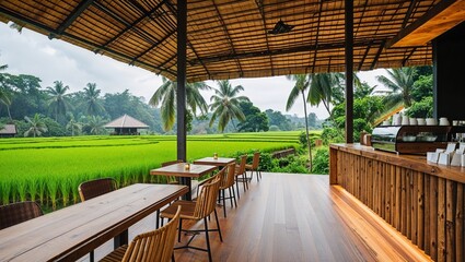  a modern, open-air café with a rustic and natural style. The layout features a long wooden counter on the right, overlooking a lush green rice field, providing a serene and picturesque view. 