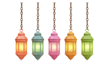 Colorful Ramadan lanterns hanging on chains against a transparent background. Decorative, festive, and traditional.