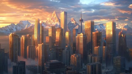 Fototapeta premium Urban fusion of towering architecture and majestic mountain vistas at sunset