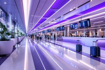 Obraz premium Passengers walking in modern airport terminal with suitcases and purple lights