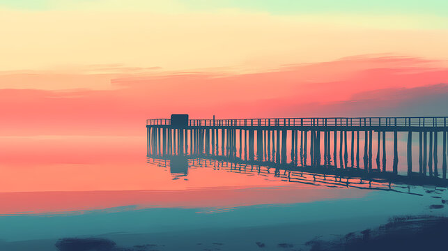 Captivating minimalist landscape with a misty pier or boardwalk reflected in the calm tranquil waters bathed in a serene spectrum of warm and cool tones the atmospheric. Reverie Waters. Illustration