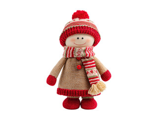 Cute Christmas doll in a knitted hat and scarf isolated on transparent background. Concept of Christmas, winter holidays, and decorations.