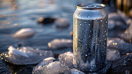 blank aluminum soda can on ice rocks river, can mock up template, 