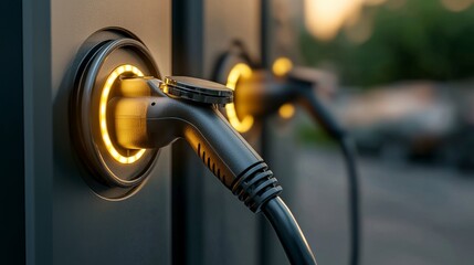 Electric Vehicle Charging Station with Cable Connector at Dusk, Modern Technology for Sustainable Transportation
